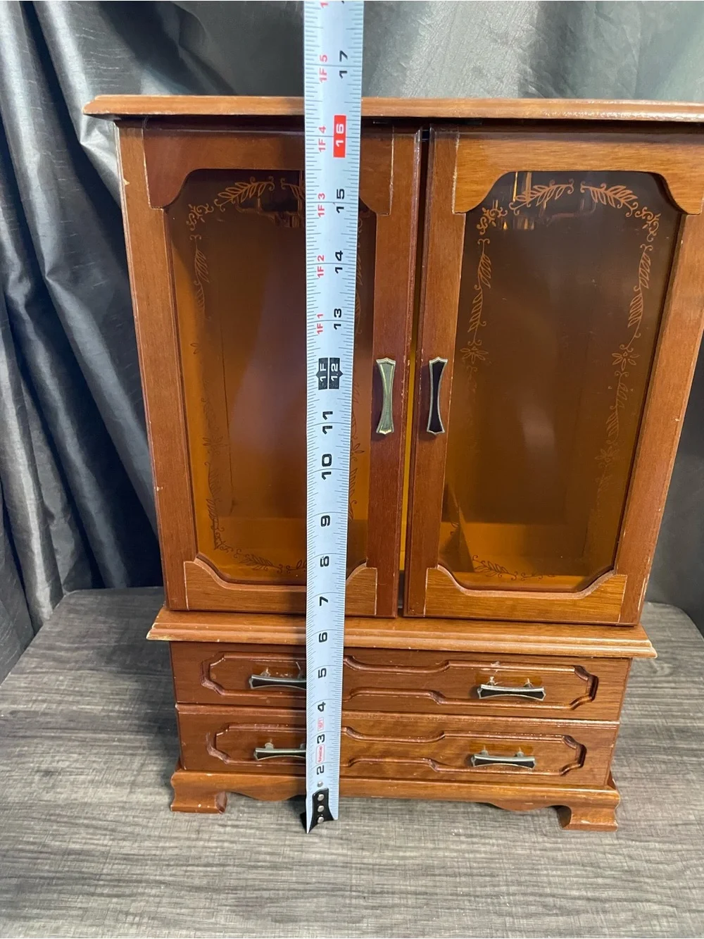 Vintage Mele Wood Jewelry Armoire Etched Glass Box